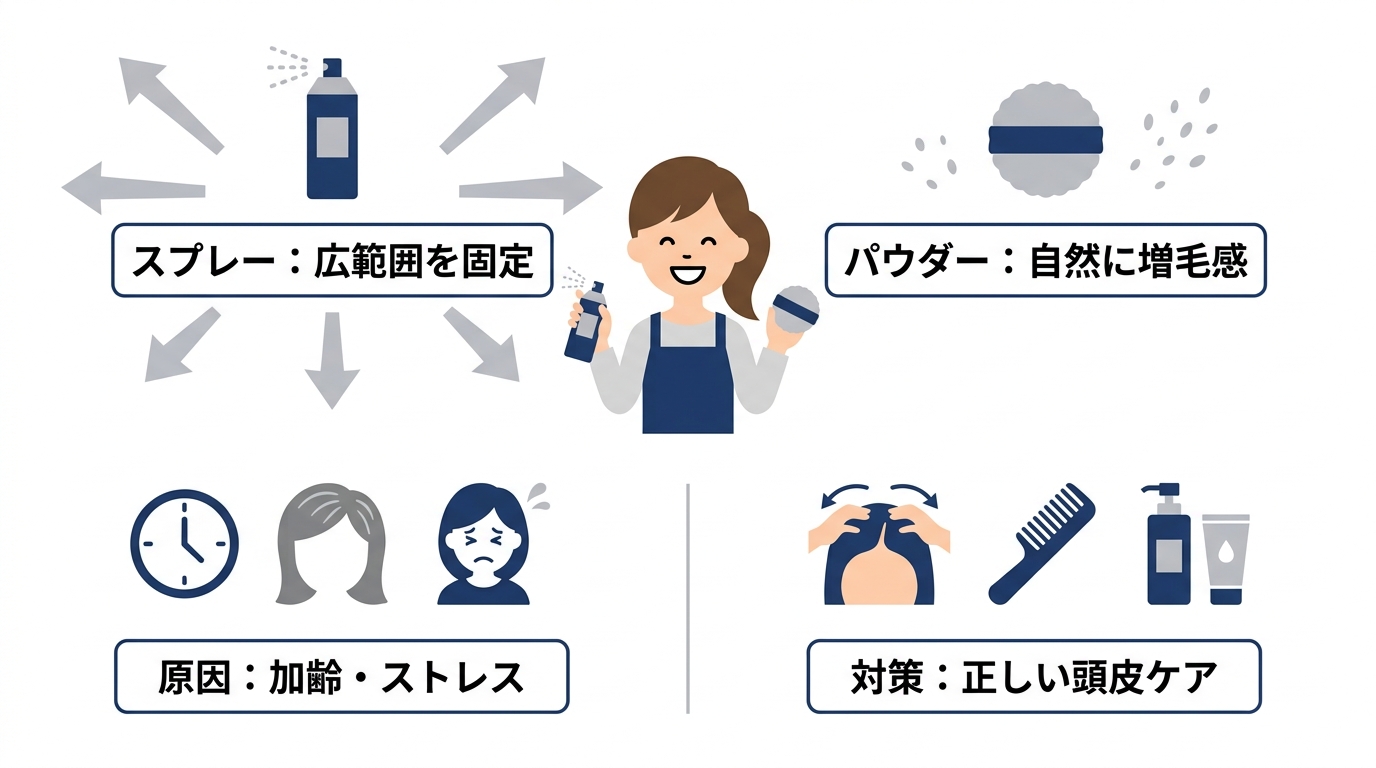 薄毛隠しスプレーとパウダーはどっち？原因と対策