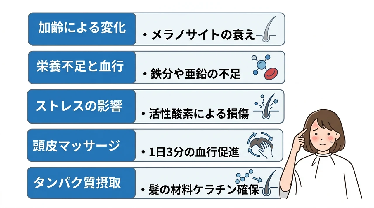 抜け毛や白髪が生える主な原因と対策
