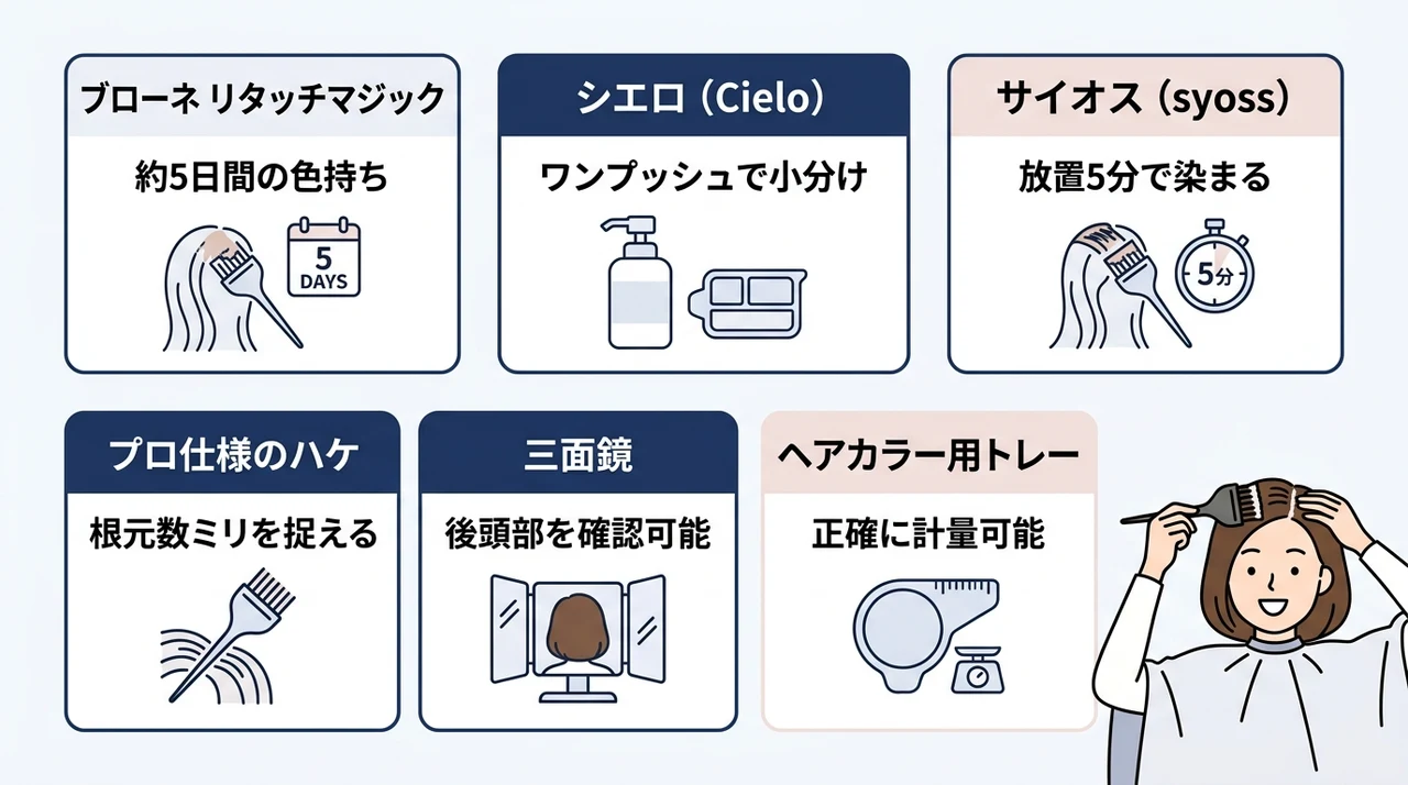 白髪の根元だけを染めるセルフカラー用プロ仕様道具と薬剤