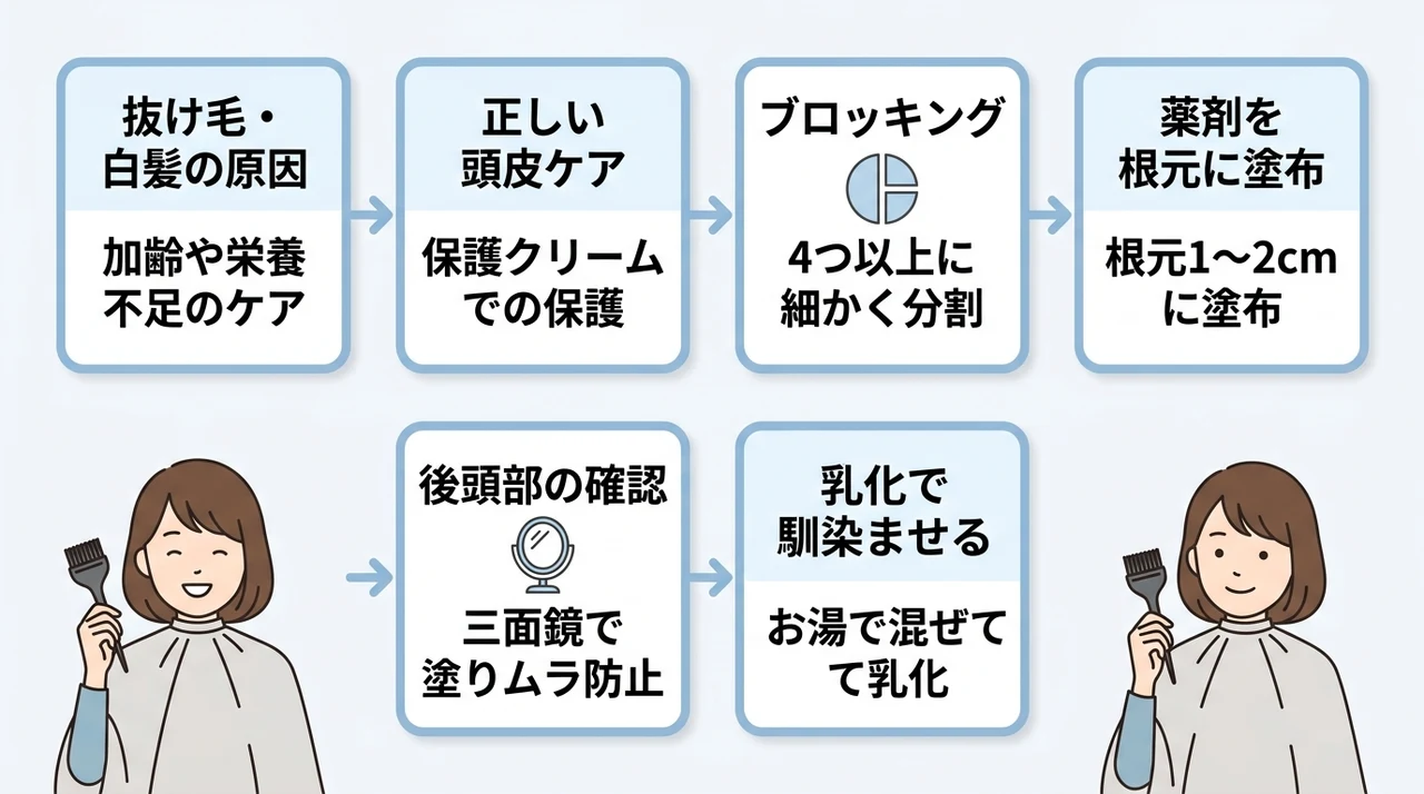 セルフカラーで白髪をリタッチするプロ仕様の手順