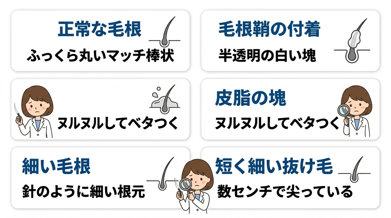 抜け毛の根元が細く先端が白い寿命の短い毛の判別方法