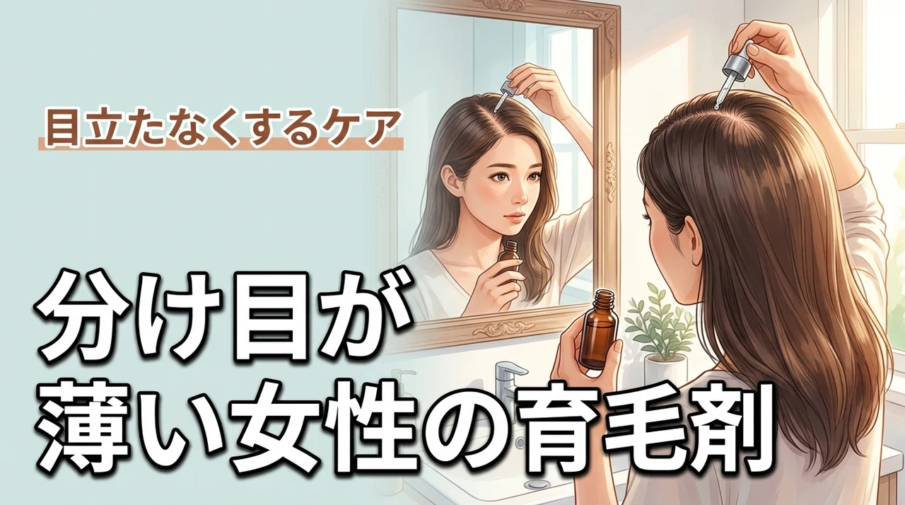 分け目が薄い女性におすすめの育毛剤目立たなくするケア（記事のアイキャッチ画像）