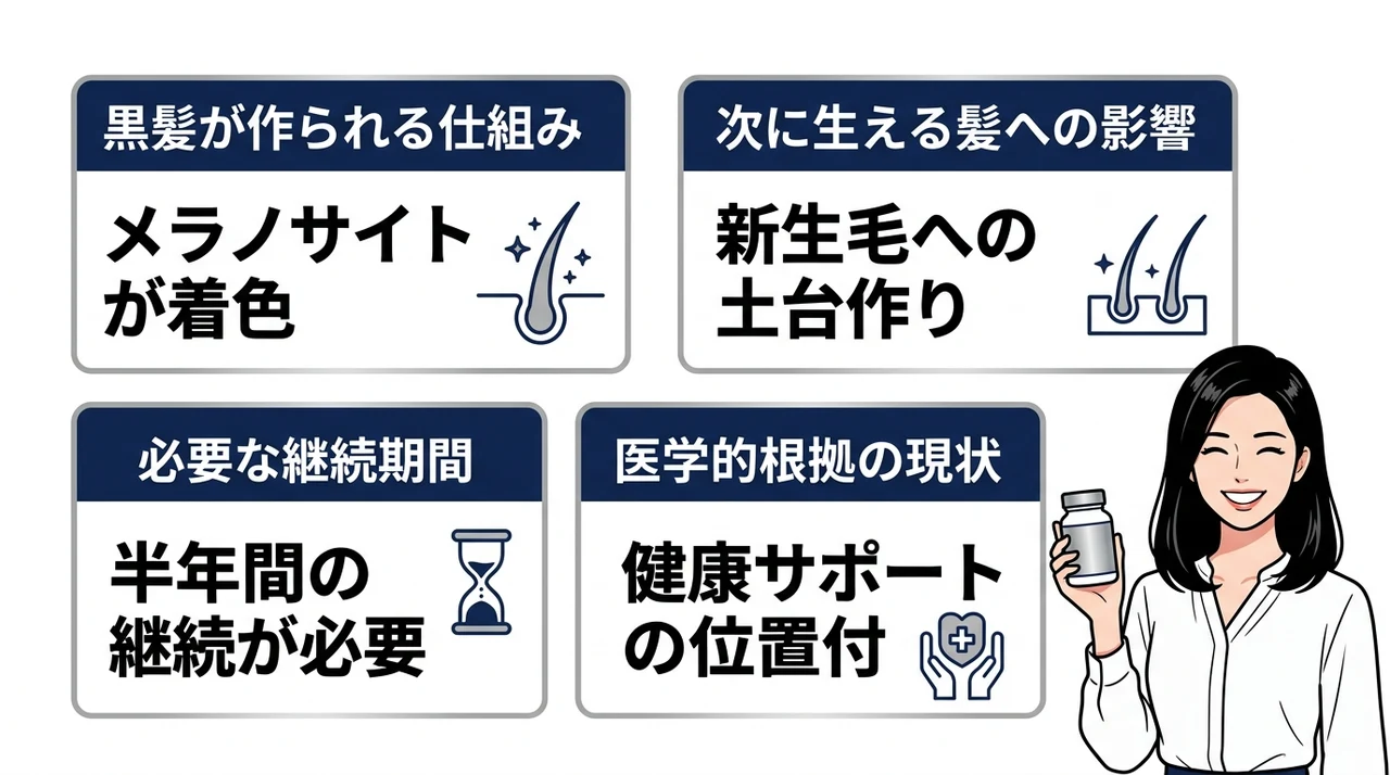 白髪がサプリで黒髪に戻った噂と効果の真実の要点をまとめた図解（黒髪が作られる仕組み・次に生える髪への影響・変化に必要な継続期間）