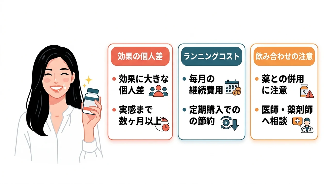 白髪サプリを利用するデメリット3つの要点をまとめた図解（効果の個人差が大きい・ランニングコストが発生・飲み合わせの注意が必要）