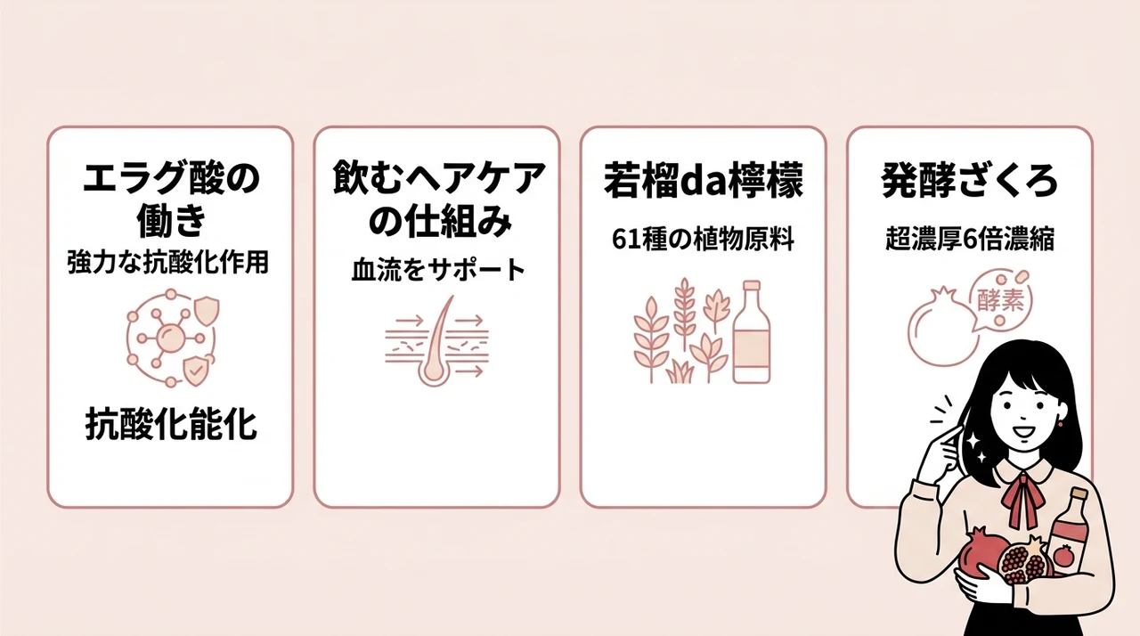 ザクロ酵素で白髪対策！口コミで話題の成分と人気商品の要点をまとめた図解（エラグ酸の働き・飲むヘアケアの仕組み・若榴da檸檬）